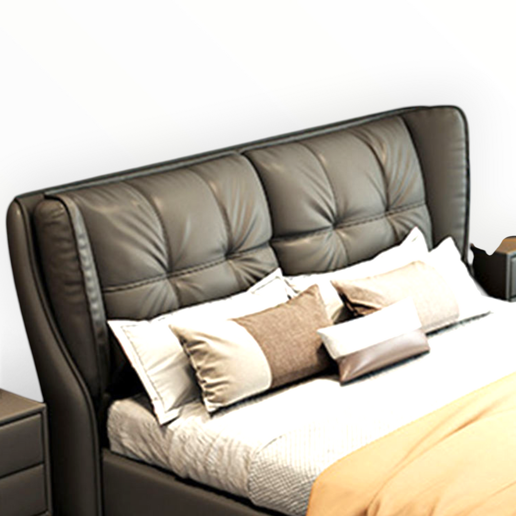 Torino king bed — front view showing full winged headboard design and charcoal leatherette upholstery
