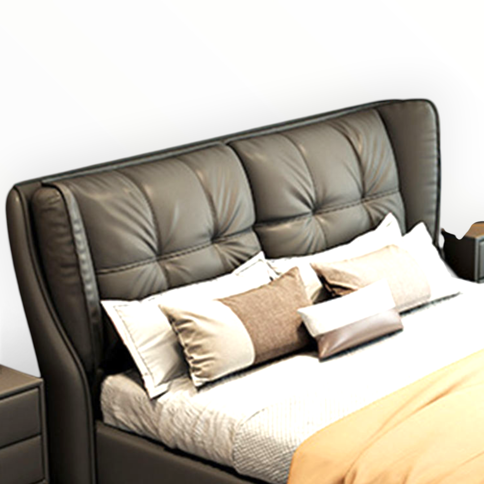 Torino king bed — front view showing full winged headboard design and charcoal leatherette upholstery