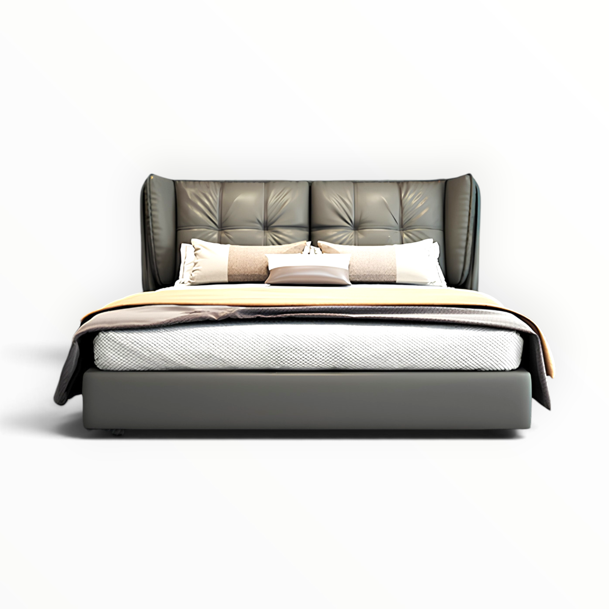 Torino bed headboard close-up — grid tufting, soft foam padding and winged surround in charcoal leatherette