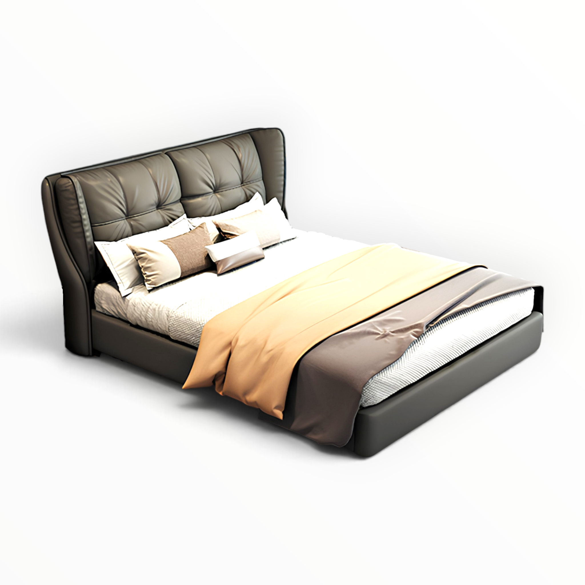 Torino king size bed side angle — low-profile platform base with tufted winged headboard by Woodkraft Studio