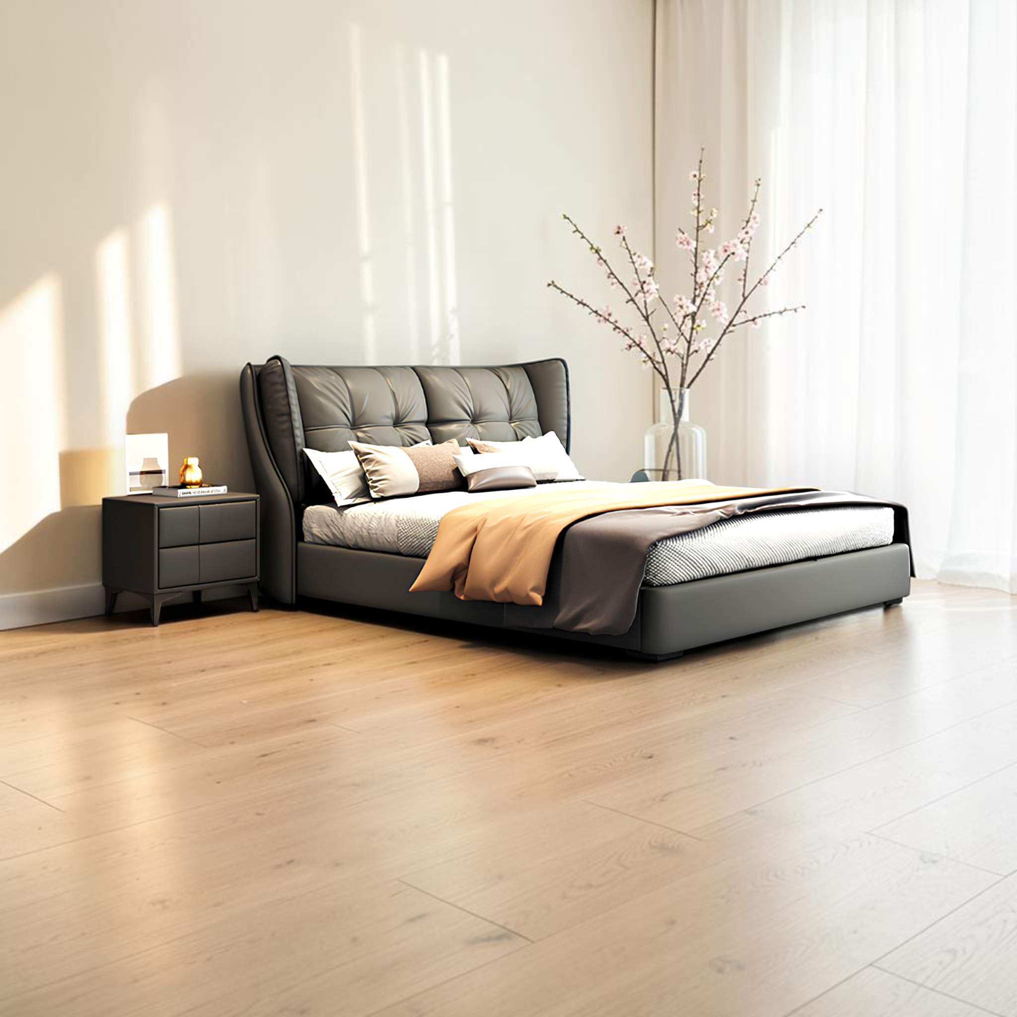 Torino upholstered king bed — 3/4 view highlighting platform frame and charcoal leatherette finish