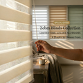Zebra blinds collection with a hand adjusting blinds and a special offer text overlay.