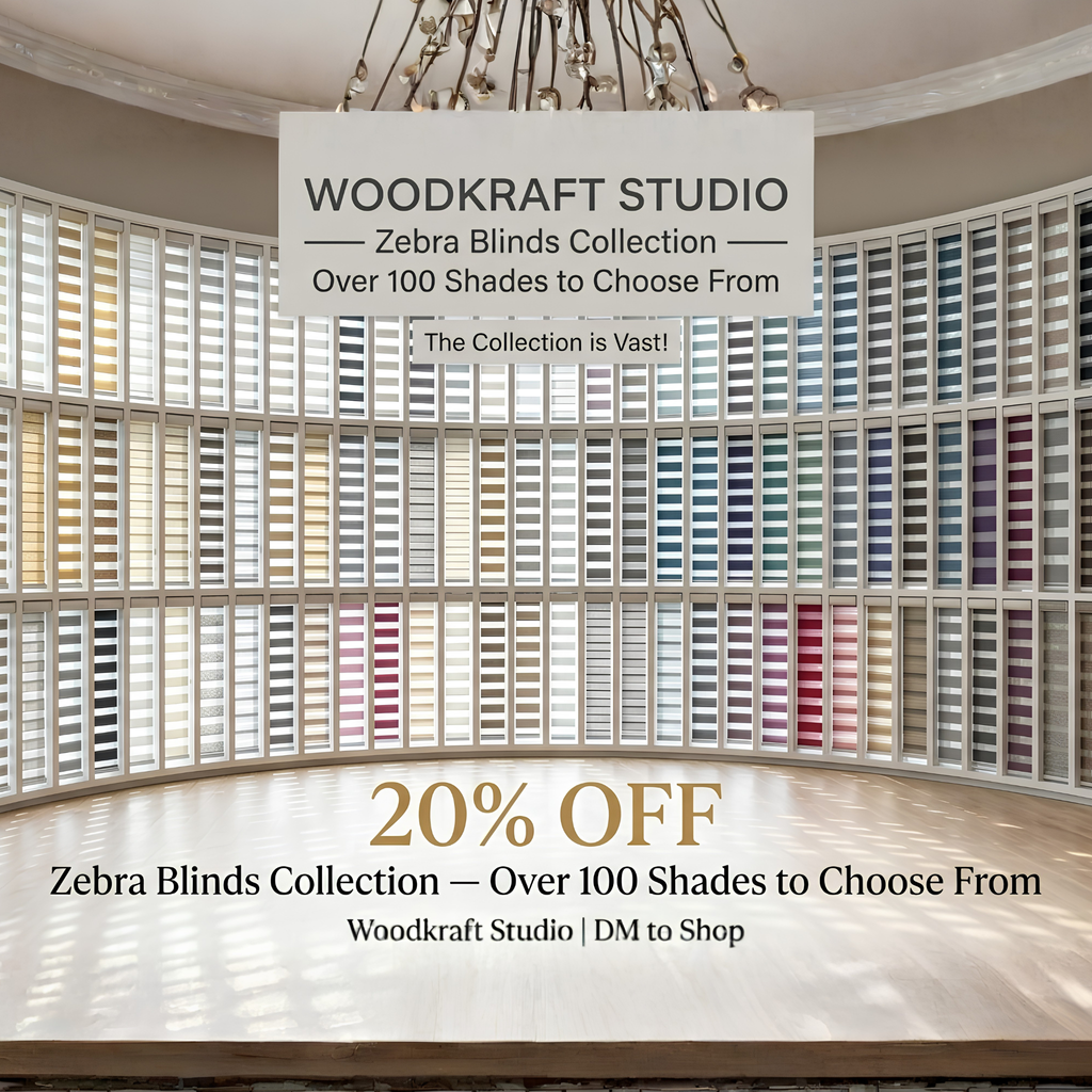Woodkraft Studio zebra blinds showroom with various color options and a promotional banner.
