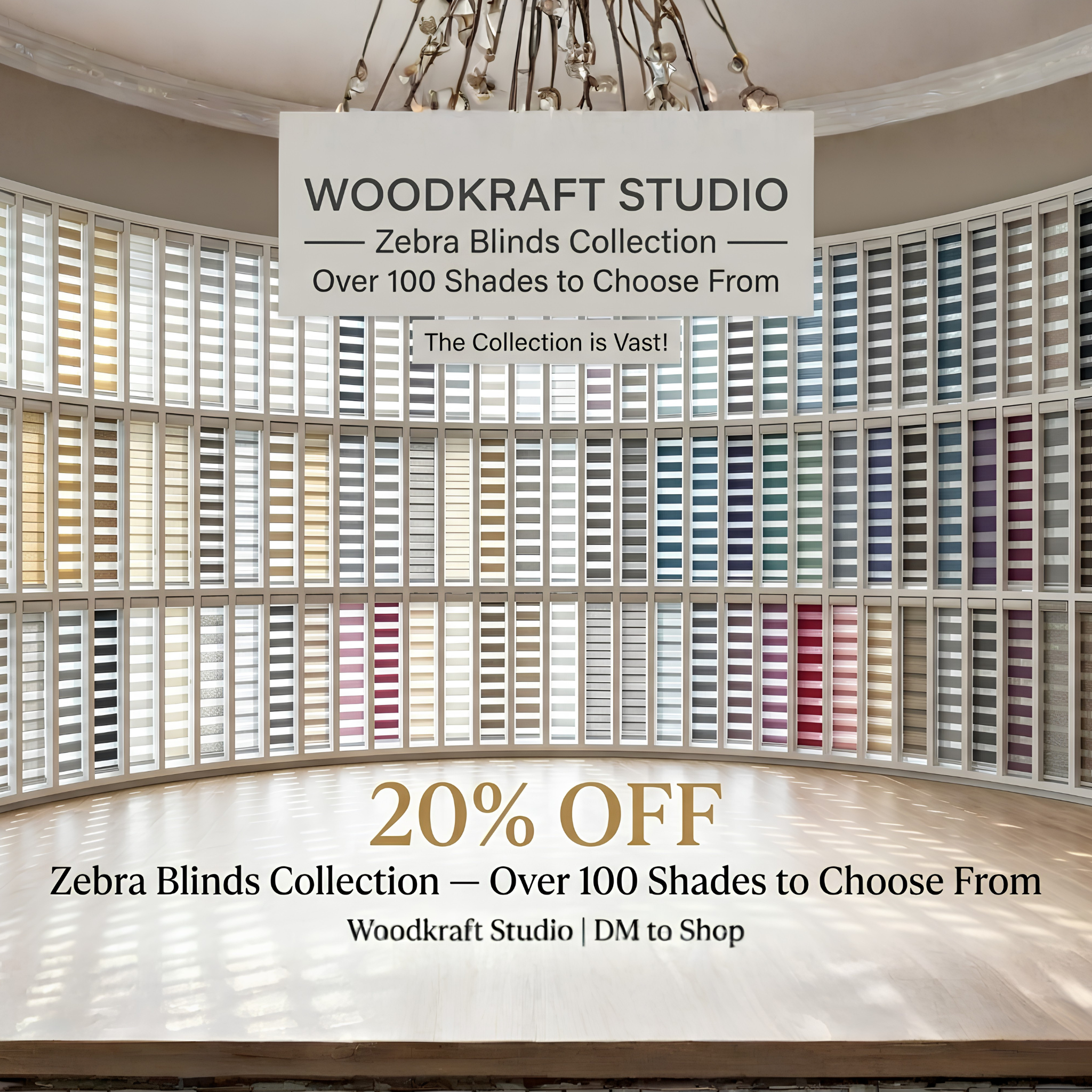 Woodkraft Studio zebra blinds showroom with various color options and a promotional banner.