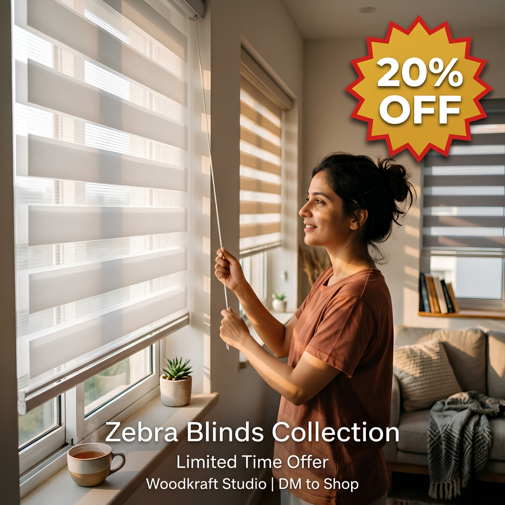 Woman adjusting zebra blinds in a living room with a 20% off promotion displayed.