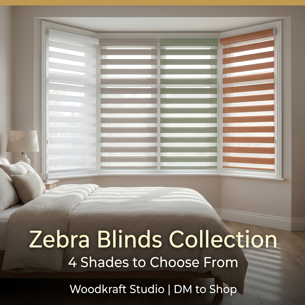 Zebra blinds collection displayed on a window with a bedroom setting, featuring text about the available shades.