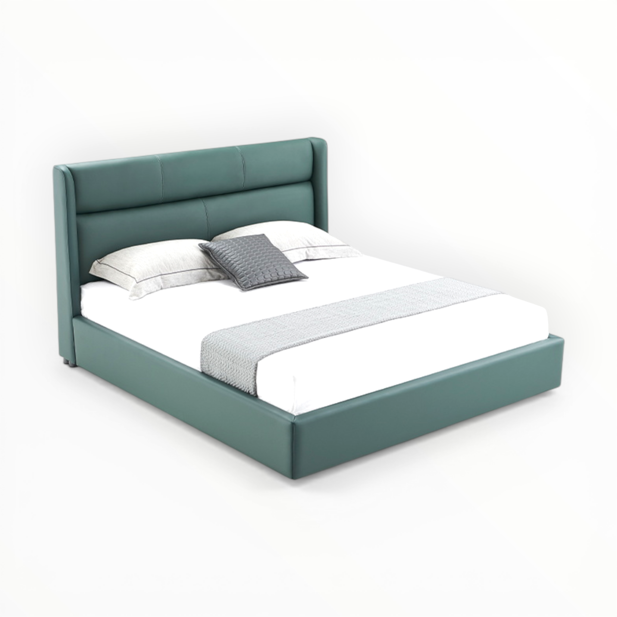 Teal bed frame with white bedding and a gray pillow on a white background