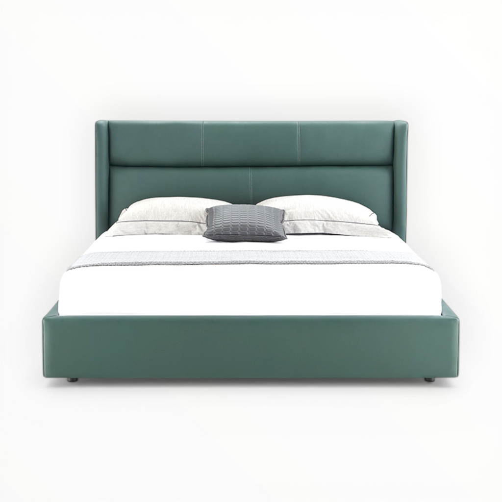 Green bed with white bedding and gray pillow on a white background