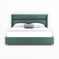 Green bed with white bedding and gray pillow on a white background