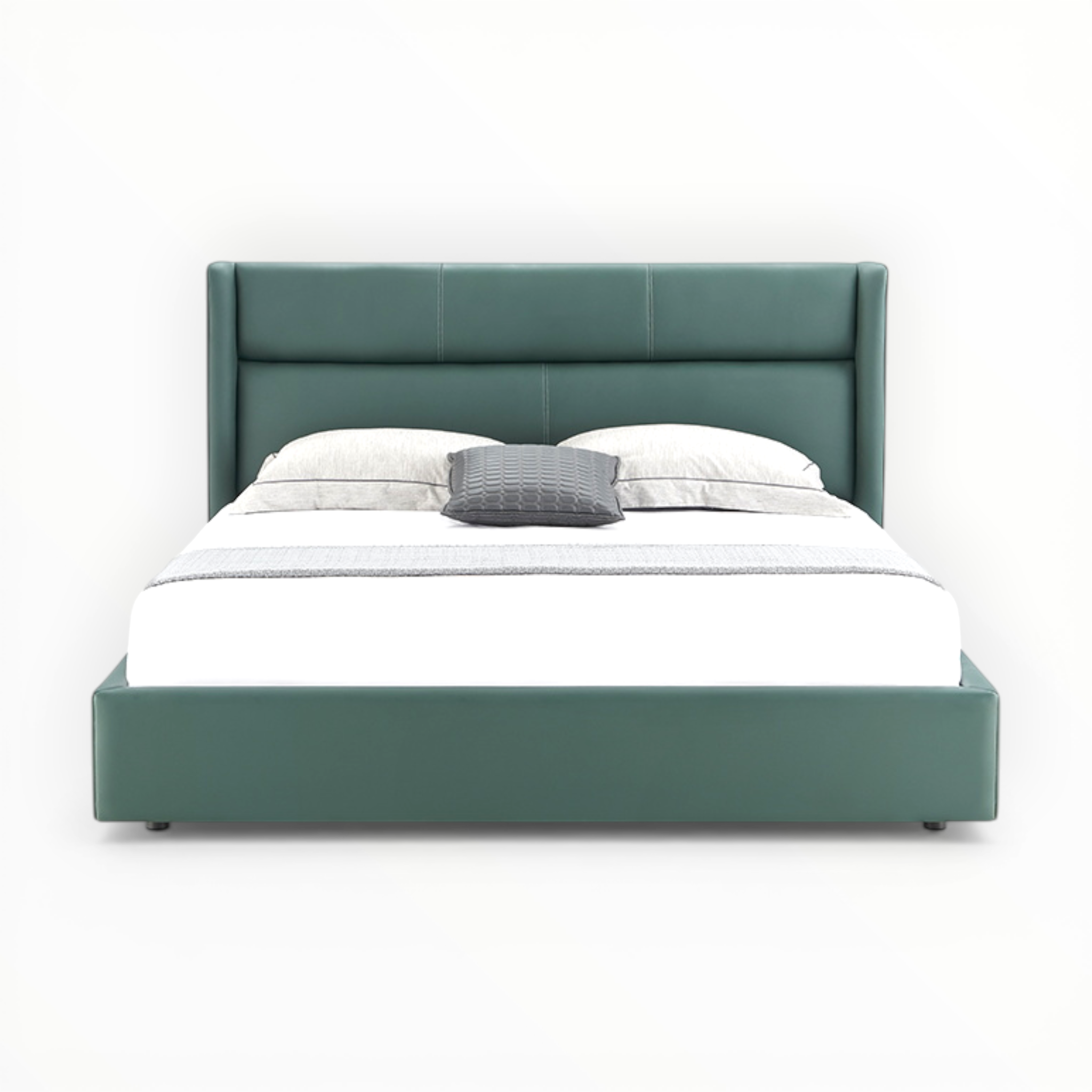 Green bed with white bedding and gray pillow on a white background