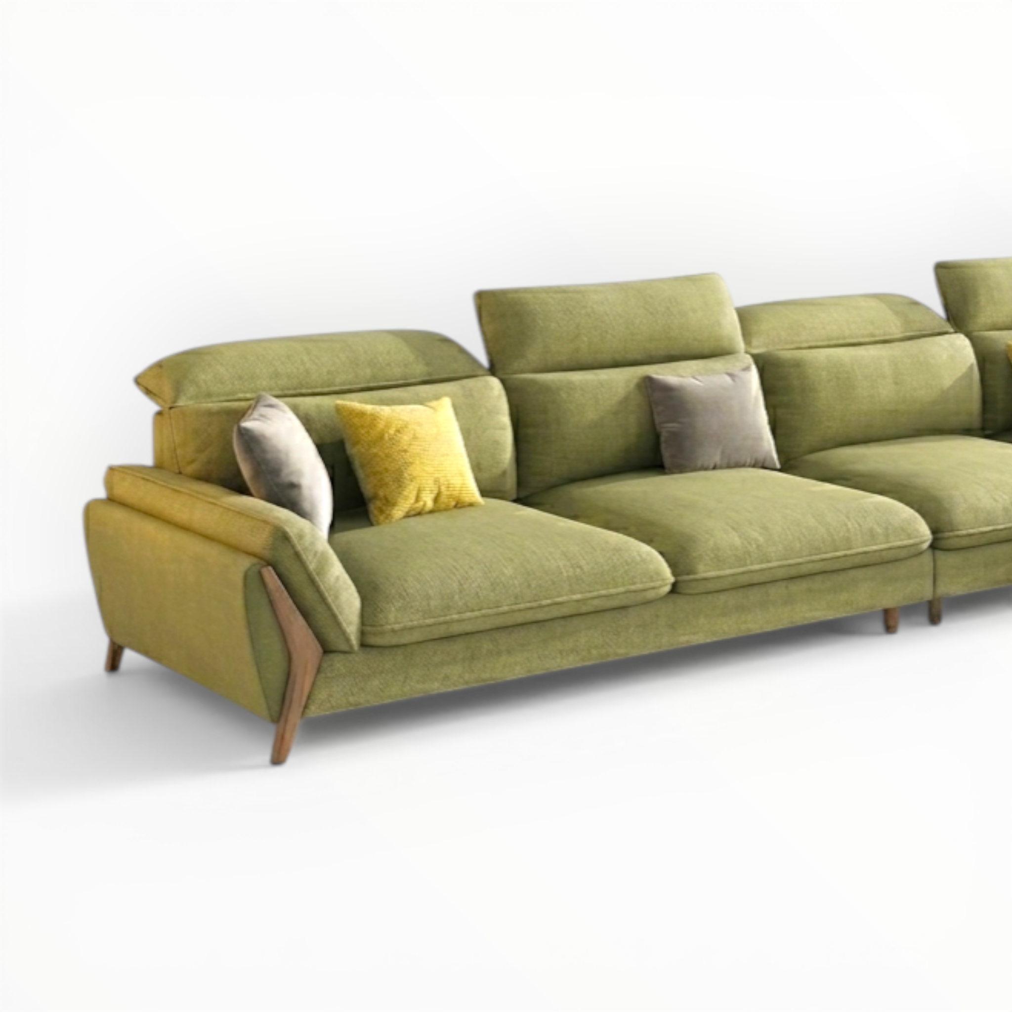 Green sofa with cushions on a white background
