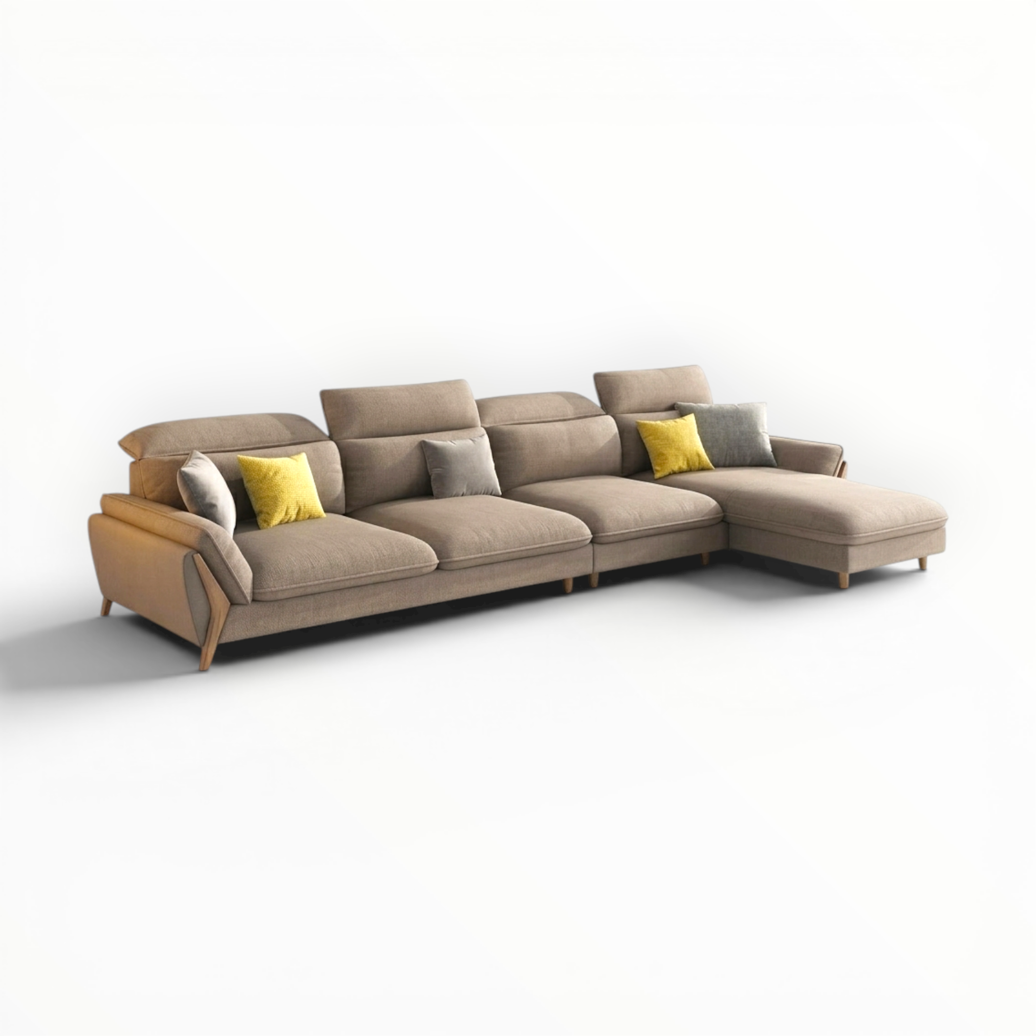 Beige sectional sofa with colorful cushions on a white background
