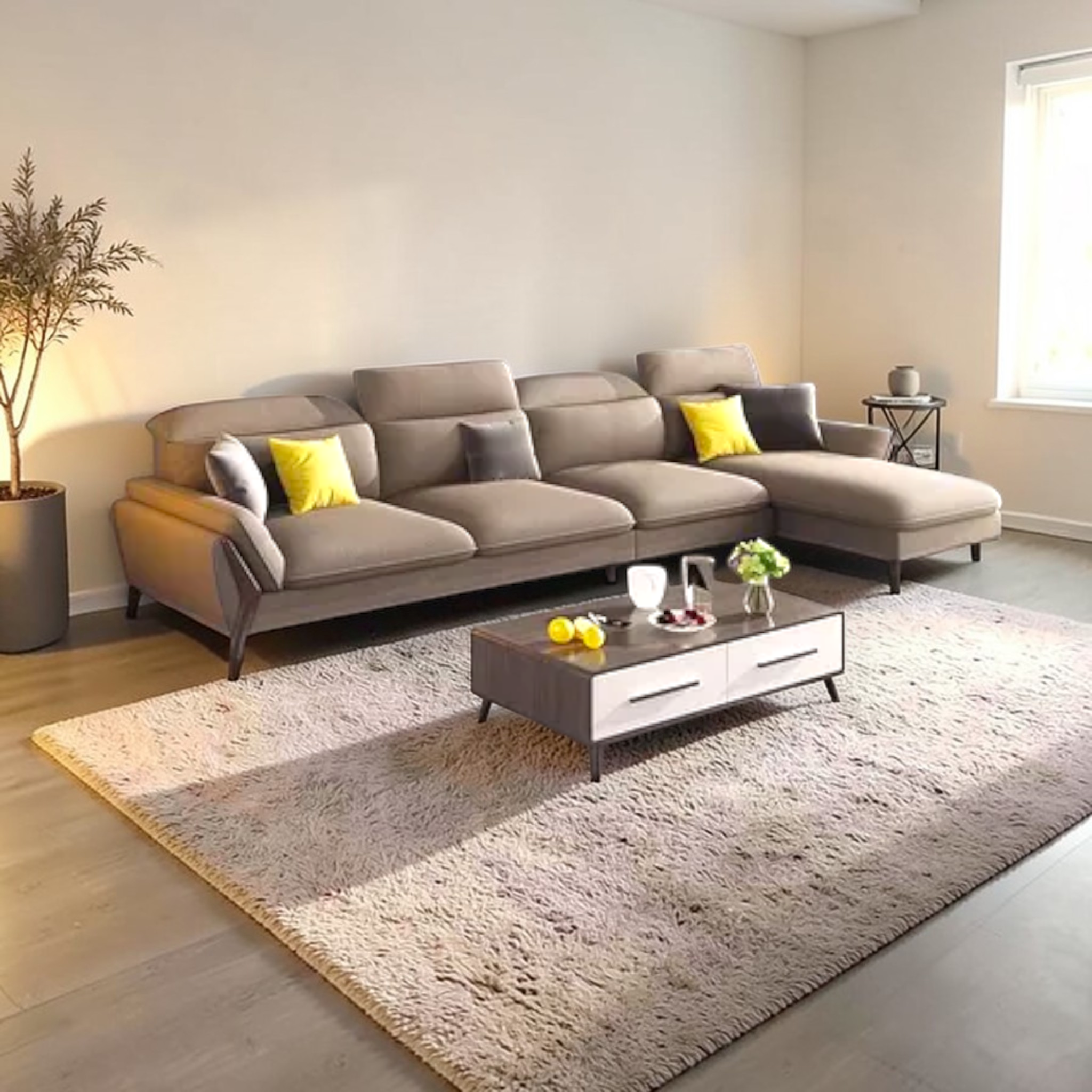 Modern living room with a beige sectional sofa, coffee table, and decorative items.