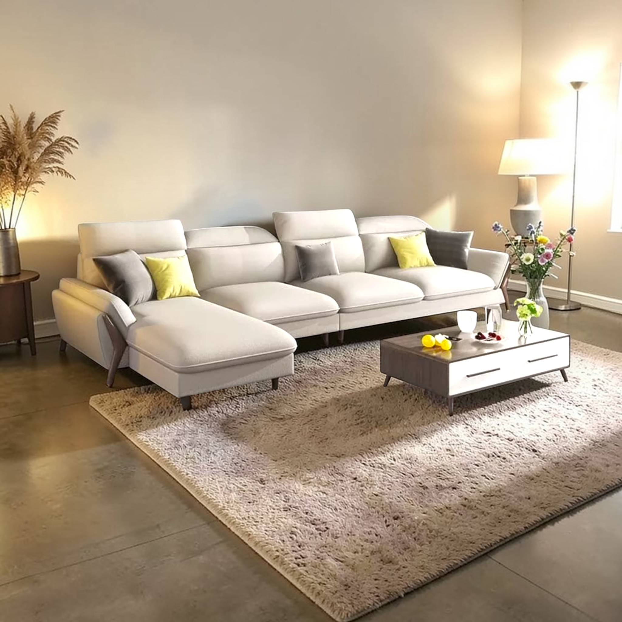 Modern living room with a white sectional sofa, coffee table, and decorative elements.
